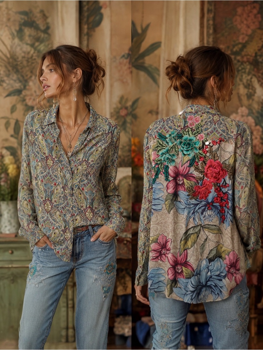 Aratta Silent Journey L Embroidered Appliqué Blouse Boho Luxe Cottagecore